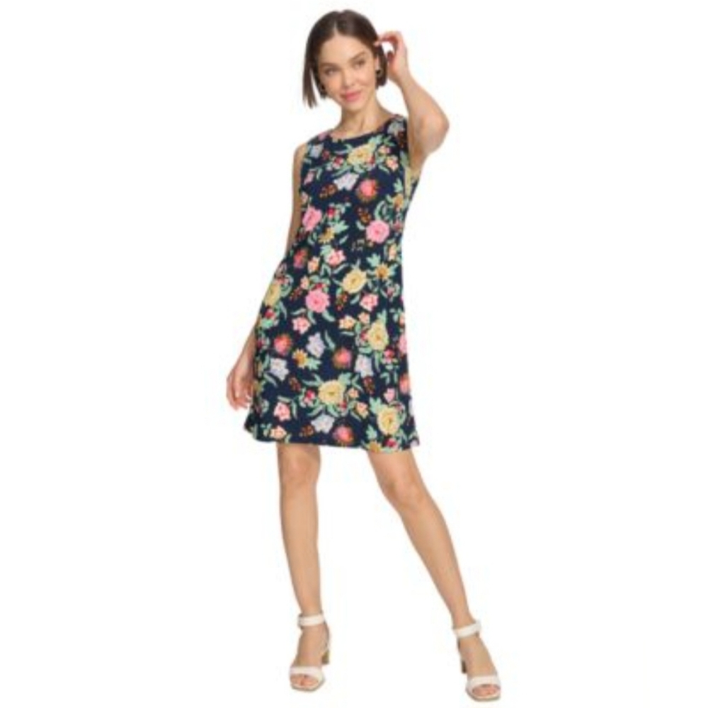 Tommy Hilfiger Floral‎ Print Round Neck Shift Dress Sleeveless Black 12